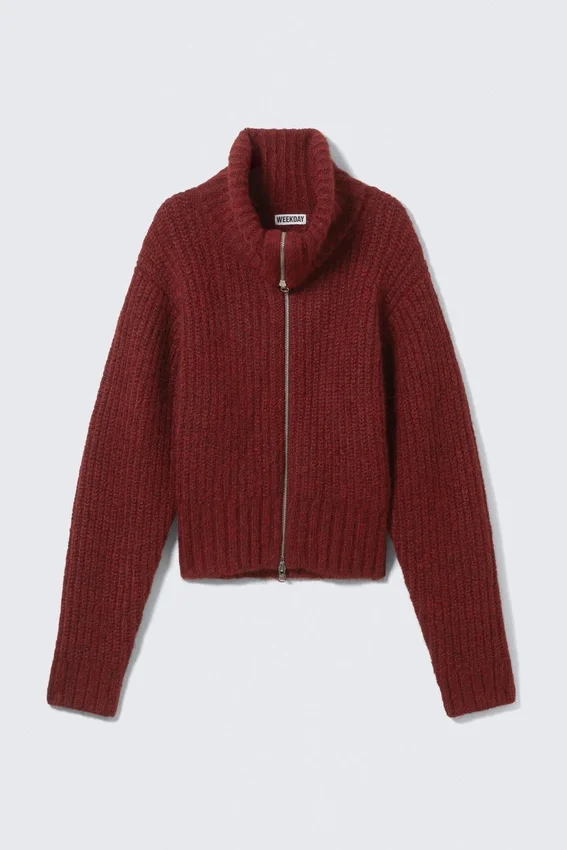 Ribbed Zip-Up Knit Cardigan – Dark Red Melange Ribbed Zip-Up Knit Cardigan – Dark Red Melange