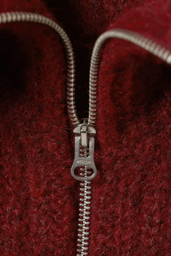 Ribbed Zip-Up Knit Cardigan – Dark Red Melange Ribbed Zip-Up Knit Cardigan – Dark Red Melange