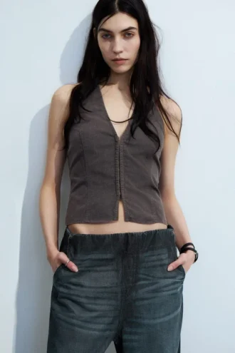 Ripstop Halter V-Neck Top – Dark Grey