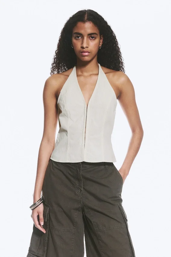 Ripstop Halter V-Neck Top – Light Beige Ripstop Halter V-Neck Top – Light Beige