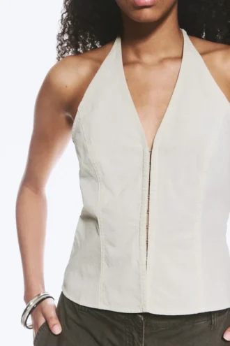 Ripstop Halter V-Neck Top – Light Beige