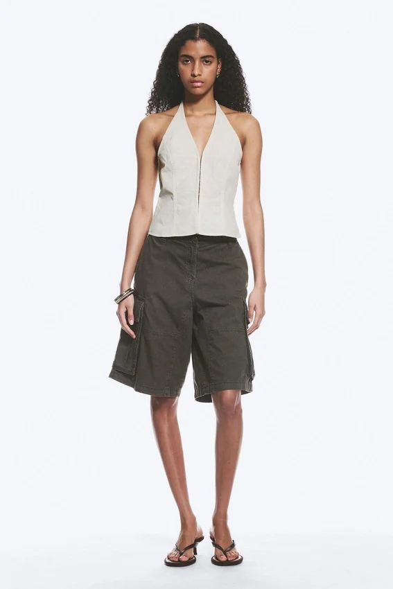 Ripstop Halter V-Neck Top – Light Beige Ripstop Halter V-Neck Top – Light Beige