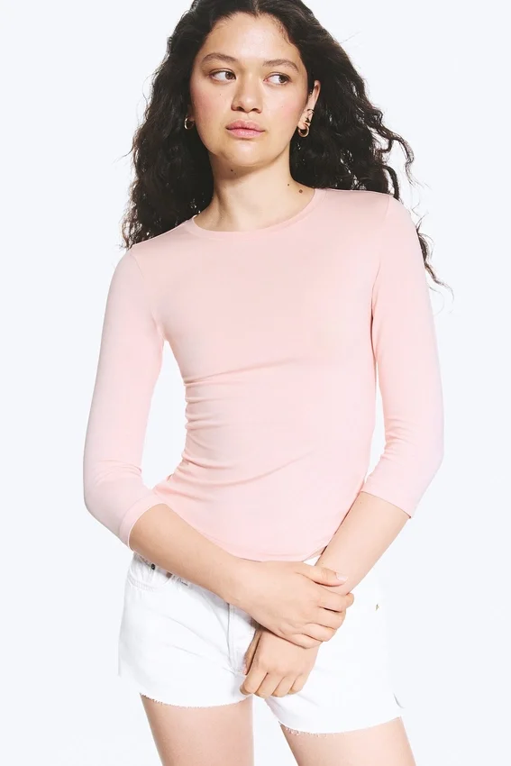 Round Neck Three-Quarter Sleeve Top – Light Dusty Peach Round Neck Three-Quarter Sleeve Top – Light Dusty Peach