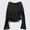 Ruched Boat-Neck Trumpet Sleeve Top – Black Ruched Boat-Neck Trumpet Sleeve Top – Black