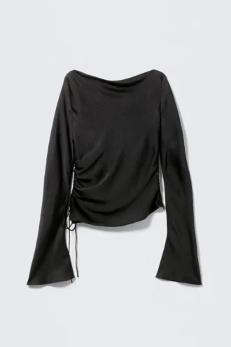 Ruched Boat-Neck Trumpet Sleeve Top – Black