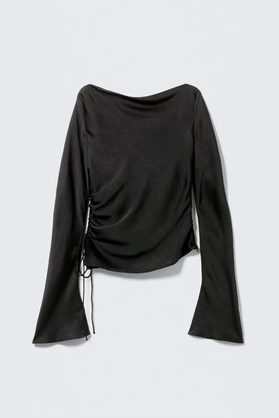 Ruched Boat-Neck Trumpet Sleeve Top – Black Ruched Boat-Neck Trumpet Sleeve Top – Black
