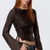 Ruched Boat-Neck Trumpet Sleeve Top – Dark Brown Ruched Boat-Neck Trumpet Sleeve Top – Dark Brown