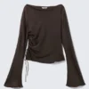 Ruched Boat-Neck Trumpet Sleeve Top – Dark Brown Ruched Boat-Neck Trumpet Sleeve Top – Dark Brown