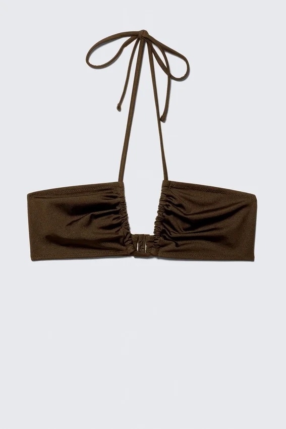 Ruched Halter Bandeau Bikini Top – Dark Brown Ruched Halter Bandeau Bikini Top – Dark Brown
