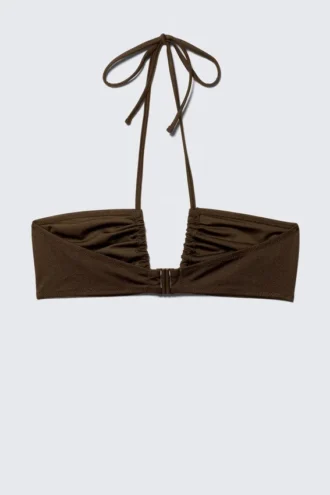 Ruched Halter Bandeau Bikini Top – Dark Brown