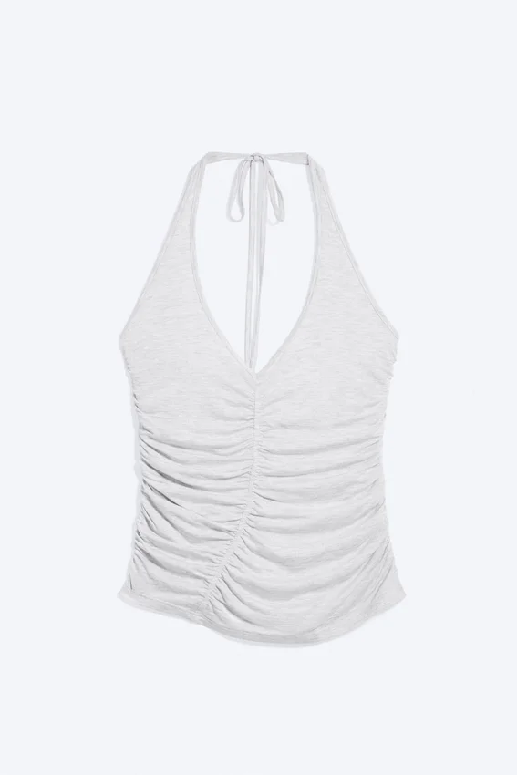 Ruched Halter Jersey Top – Grey Melange Ruched Halter Jersey Top – Grey Melange