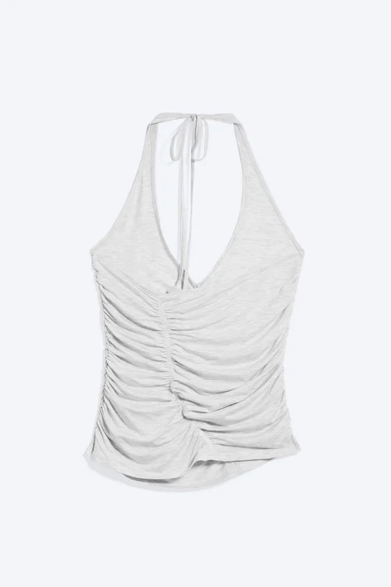 Ruched Halter Jersey Top – Grey Melange Ruched Halter Jersey Top – Grey Melange
