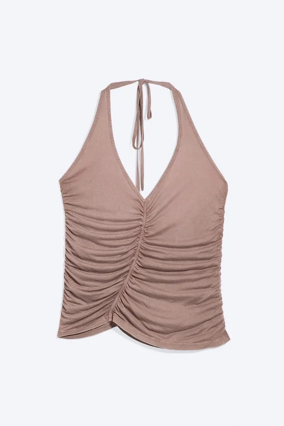 Ruched Halter Jersey Top – Washed Brown Ruched Halter Jersey Top – Washed Brown