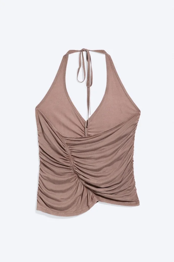 Ruched Halter Jersey Top – Washed Brown Ruched Halter Jersey Top – Washed Brown