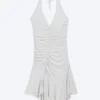 Ruched Halter Mini Dress – Light Dusty Grey Melange Ruched Halter Mini Dress – Light Dusty Grey Melange