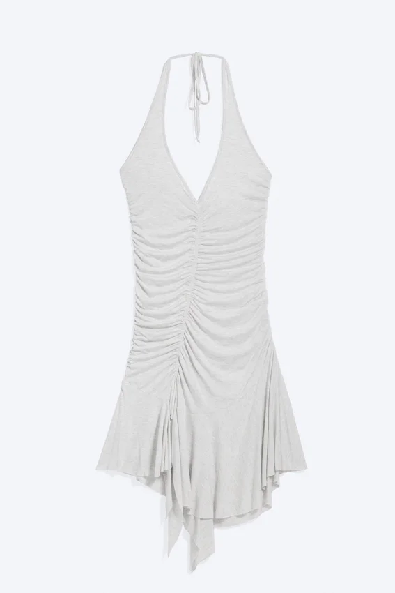 Ruched Halter Mini Dress – Light Dusty Grey Melange Ruched Halter Mini Dress – Light Dusty Grey Melange