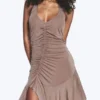 Ruched Halter Mini Dress – Washed Brown Ruched Halter Mini Dress – Washed Brown