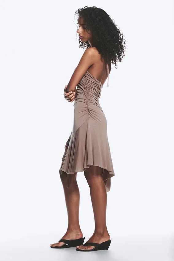 Ruched Halter Mini Dress – Washed Brown Ruched Halter Mini Dress – Washed Brown