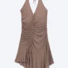 Ruched Halter Mini Dress – Washed Brown Ruched Halter Mini Dress – Washed Brown