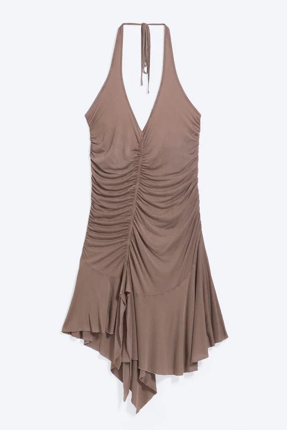 Ruched Halter Mini Dress – Washed Brown Ruched Halter Mini Dress – Washed Brown