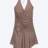 Ruched Halter Mini Dress – Washed Brown Ruched Halter Mini Dress – Washed Brown
