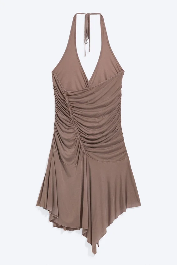 Ruched Halter Mini Dress – Washed Brown Ruched Halter Mini Dress – Washed Brown