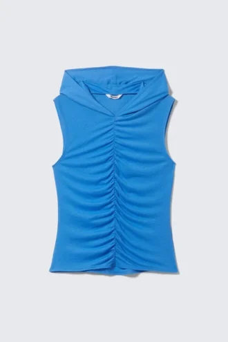 Ruched Hooded Tank Top – Blue
