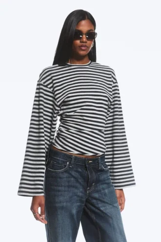 Ruched Long-Sleeved T-Shirt – Black/Grey Stripe