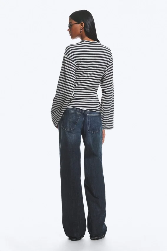 Ruched Long-Sleeved T-Shirt – Black/Grey Stripe Ruched Long-Sleeved T-Shirt – Black/Grey Stripe