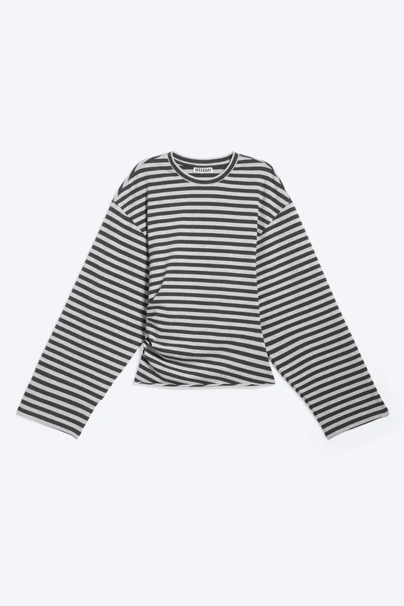 Ruched Long-Sleeved T-Shirt – Black/Grey Stripe Ruched Long-Sleeved T-Shirt – Black/Grey Stripe