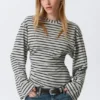 Ruched Long-Sleeved T-Shirt – Striped Grey Melange Ruched Long-Sleeved T-Shirt – Striped Grey Melange