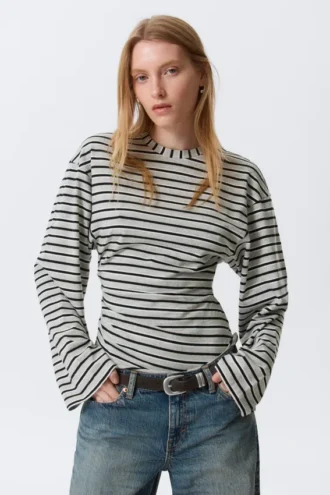 Ruched Long-Sleeved T-Shirt – Striped Grey Melange