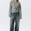 Ruched Long-Sleeved T-Shirt – Striped Grey Melange Ruched Long-Sleeved T-Shirt – Striped Grey Melange