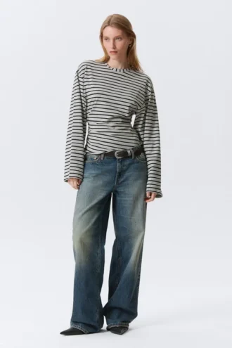 Ruched Long-Sleeved T-Shirt – Striped Grey Melange