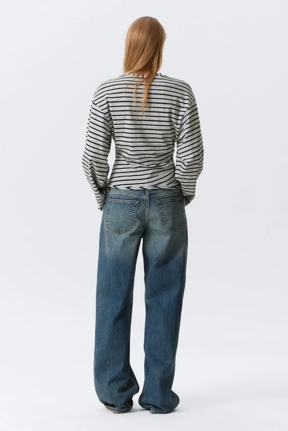 Ruched Long-Sleeved T-Shirt – Striped Grey Melange Ruched Long-Sleeved T-Shirt – Striped Grey Melange