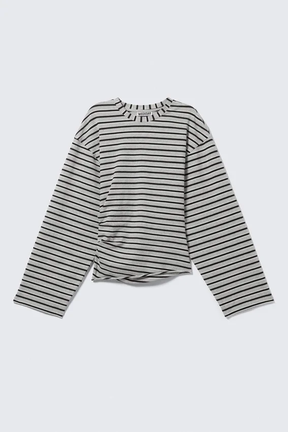 Ruched Long-Sleeved T-Shirt – Striped Grey Melange Ruched Long-Sleeved T-Shirt – Striped Grey Melange