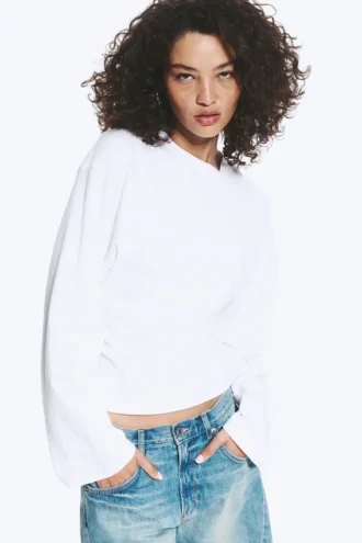Ruched Long-Sleeved T-Shirt – White