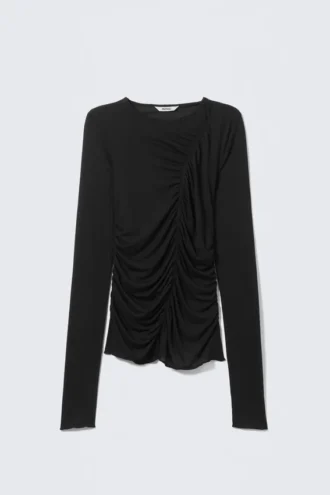 Ruched Long-Sleeved Top – Black