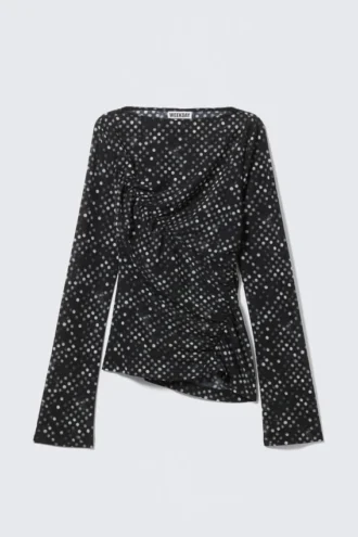 Ruched Printed Mesh Top – Black Polka Dots