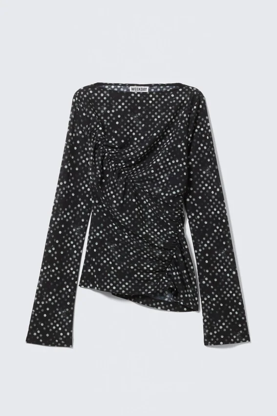 Ruched Printed Mesh Top – Black Polka Dots Ruched Printed Mesh Top – Black Polka Dots