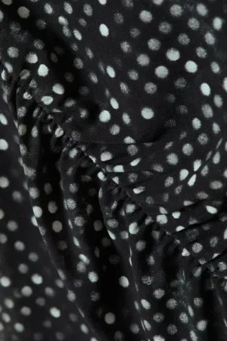 Ruched Printed Mesh Top – Black Polka Dots