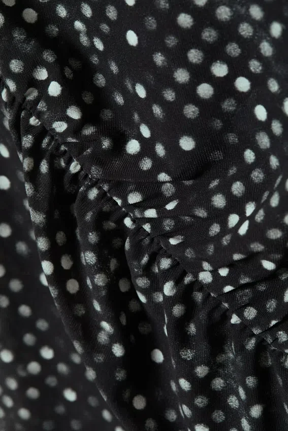 Ruched Printed Mesh Top – Black Polka Dots Ruched Printed Mesh Top – Black Polka Dots