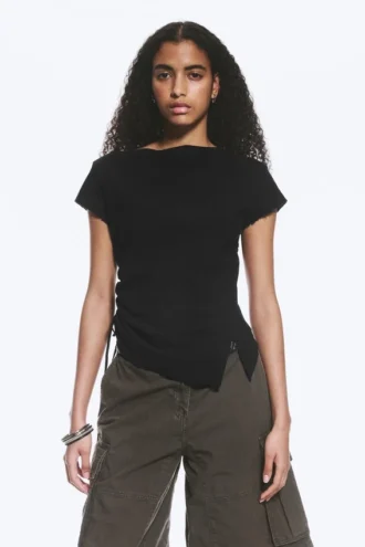 Ruched Short-Sleeved Top – Black