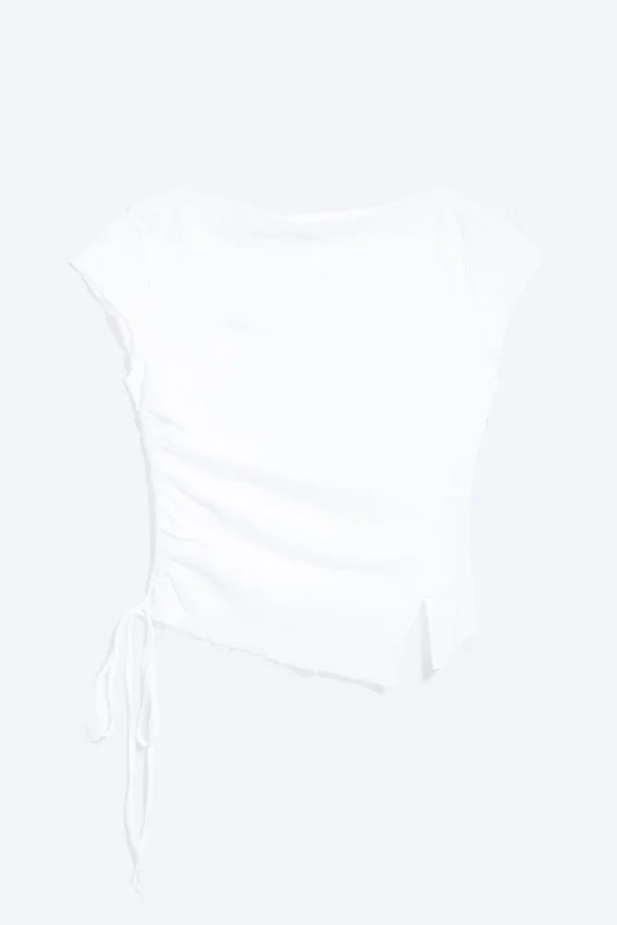 Ruched Short-Sleeved Top – White Ruched Short-Sleeved Top – White