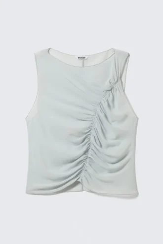 Ruched Sleeveless Crepe Top – Light Grey
