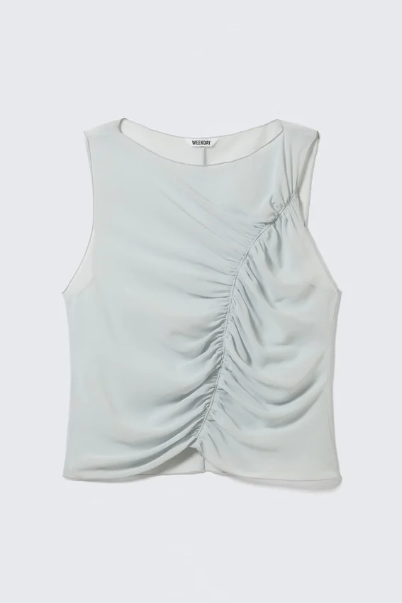 Ruched Sleeveless Crepe Top – Light Grey Ruched Sleeveless Crepe Top – Light Grey