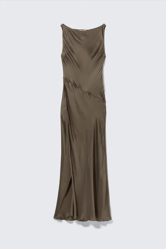 Satin Boat-Neck Maxi Dress – Dark Mole Satin Boat-Neck Maxi Dress – Dark Mole