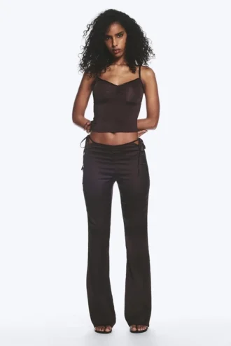 Satin Cut-Out Flared Trousers – Dark Brown Satin Cut-Out Flared Trousers – Dark Brown