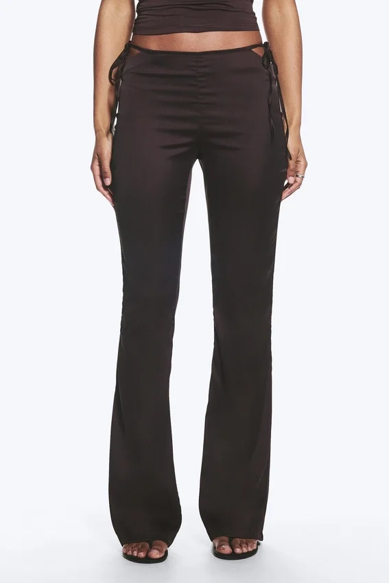 Satin Cut-Out Flared Trousers – Dark Brown Satin Cut-Out Flared Trousers – Dark Brown
