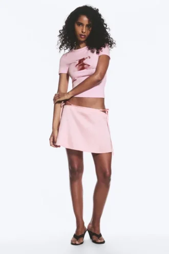 Satin Cut-Out Mini Skirt – Light Pink